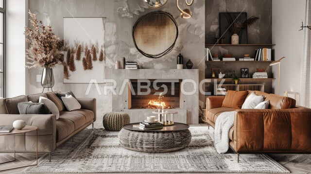 Interior decorations for villas and residential apartments in Saudi Arabia, living room with luxury home furniture, distinctive modern antiques and accessories, elegant designs for comfortable living rooms in modern style