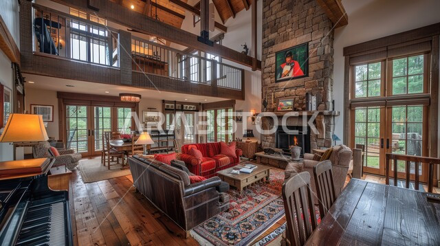 الواجهات والنوافذ الزجاجية الكبيرة، الديكورات الداخلية للفلل والشقق السكنية في المملكة العربية السعودية، غرفة معيشة مع آثاث منزلي فاخر، اكسسوارات وتحف عصرية، التصاميم الأنيقة لغرف الجلوس المريحة على الطراز الحديث