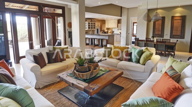 الواجهات والنوافذ الزجاجية الكبيرة، الديكورات الداخلية للفلل والشقق السكنية في المملكة العربية السعودية، غرفة معيشة مع آثاث منزلي فاخر، اكسسوارات وتحف عصرية، التصاميم الأنيقة لغرف الجلوس المريحة على الطراز الحديث