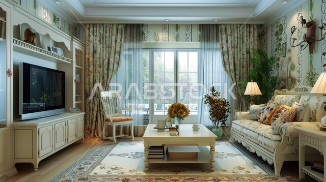 الواجهات والنوافذ الزجاجية الكبيرة، الديكورات الداخلية للفلل والشقق السكنية في المملكة العربية السعودية، غرفة معيشة مع آثاث منزلي فاخر، اكسسوارات وتحف عصرية، التصاميم الأنيقة لغرف الجلوس المريحة على الطراز الحديث