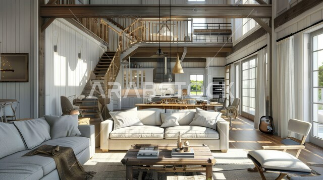 الواجهات والنوافذ الزجاجية الكبيرة، الديكورات الداخلية للفلل والشقق السكنية في المملكة العربية السعودية، غرفة معيشة مع آثاث منزلي فاخر، اكسسوارات وتحف عصرية، التصاميم الأنيقة لغرف الجلوس المريحة على الطراز الحديث