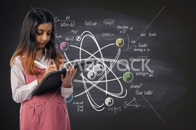 تلميذة عربية خليجية سعودية ترتدي الزي المدرسي ،تستخدم جهاز التابلت ، التعليم الالكتروني ، الدراسة عن بعد،  متابعة الدروس والواجبات عبر الانترنت ، التعليم في المملكة العربية السعودية