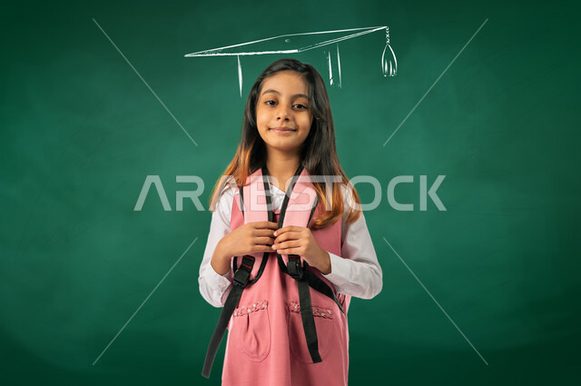 تلميذة عربية خليجية سعودية ، ترتدي حقيبة ظهر مدرسية والزي المدرسي ، تقف أمام سبورة خضراء برسم سكتش لقبعة التخرج ، ايماءات و تعابير وجه و يدين تدل على الجد و الاجتهاد و السعادة ، مدرسة سعودية