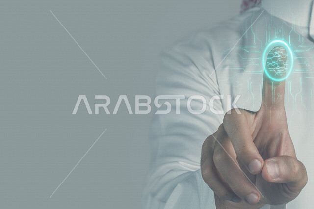 A close-up image of the hand of a Saudi Arabian Gulf man pressing the thumb with the hologram technology, a luminous fingerprint signal through the 3D hologram feature, electronic digital codes, unlocking and locking the screen using the fingerprint, elec