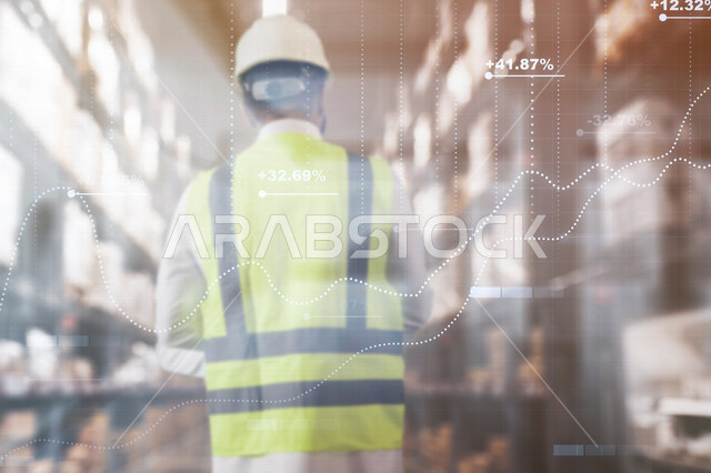 A Saudi Arabian Gulf engineer in the workplace, engineering tasks management, a set of calculations and graphic statistics using advanced 3D hologram technology for engineering business solutions