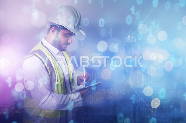 مهندس انشائي  سعودي خليجي يستخدم التابلت يعمل على تطوير البنيه التحتيه للاقتصاد الرقمي, انشاء وتطوير الابراج الاقتصاديه والماليه