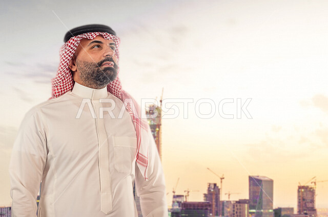 صورة لرجل عربي خليجي سعودي يتطلع لتحقيق رؤية مستقبلية أفضل ، ايماءات و تعابير وجه و يدين مختلفة ، مواكبة التطلعات و مواجهة التحديات ، تحقيق الطموحات ، رؤية 2030