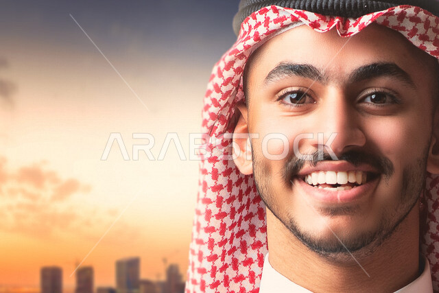 صورة مقربة لرجل عربي خليجي سعودي سعيد و مبتسم ، يتطلع لتحقيق رؤية مستقبلية أفضل ، ايماءات و تعابير وجه تدل على السعادة ، مواكبة التطلعات و مواجهة التحديات ، تحقيق النجاحات و الطموحات ، رؤية 2030