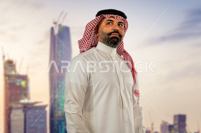 صورة  لرجل عربي خليجي سعودي يتطلع لتحقيق رؤية مستقبلية أفضل ، ايماءات و تعابير وجه و يدين مختلفة ، مواكبة التطلعات و مواجهة التحديات ، تحقيق الطموحات ، خلفية لابراج المملكة العربية السعودية ، رؤية 2030