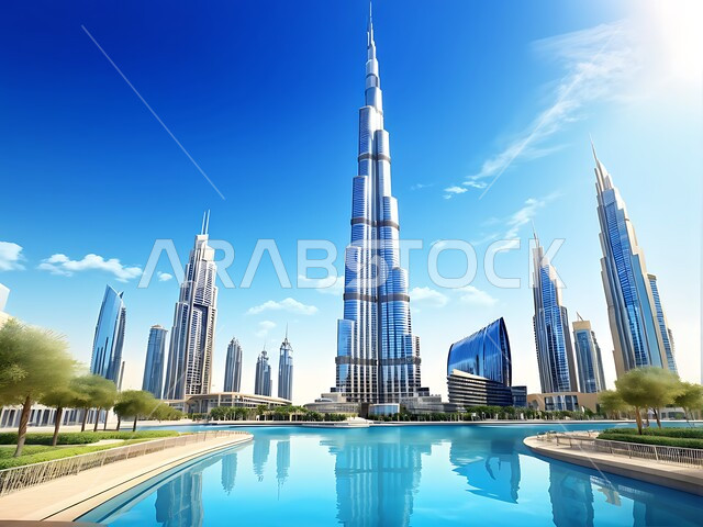 الأبراج وناطحات السحاب المحيطة ببرج خليفة المنعكس على الماء، الفن الهندسي المعماري المتطور والمتقدم للمنشآت التجارية والسكنية، معالم سياحية مشهورة في الإمارات العربية المتحدة، الواجهه البحرية لإمارة دبي في النهار