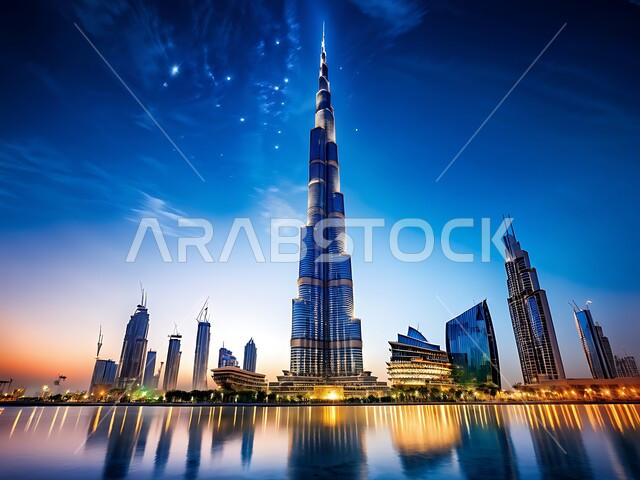 الأبراج وناطحات السحاب المحيطة ببرج خليفة المنعكس على الماء، الفن الهندسي المعماري المتطور والمتقدم للمنشآت التجارية والسكنية المضيئة ليلا، معالم سياحية مشهورة في الإمارات العربية المتحدة، الواجهه البحرية لإمارة دبي