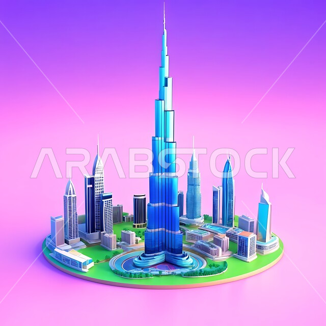Famous landmarks in UAE, urban growth and development of towers and skyscrapers surrounding Burj Khalifa, modern architectural art of commercial and residential buildings, Dubai waterfront, pink background