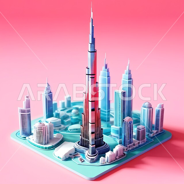 Famous landmarks in UAE, urban growth and development of towers and skyscrapers surrounding Burj Khalifa, modern architectural art of commercial and residential buildings, Dubai waterfront, pink background