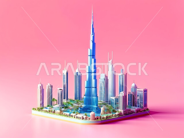Famous landmarks in UAE, urban growth and development of towers and skyscrapers surrounding Burj Khalifa, modern architectural art of commercial and residential buildings, Dubai waterfront, pink background