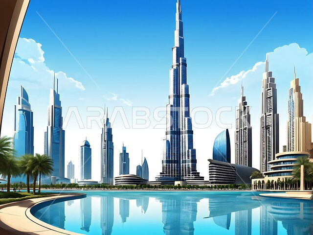 الأبراج وناطحات السحاب المحيطة ببرج خليفة المنعكس على الماء، الفن الهندسي المعماري المتطور والمتقدم للمنشآت التجارية والسكنية، معالم سياحية مشهورة في الإمارات العربية المتحدة، الواجهه البحرية لإمارة دبي في النهار