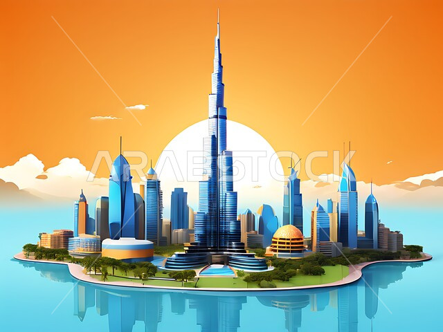 الأبراج وناطحات السحاب المحيطة ببرج خليفة المنعكس على الماء، الفن الهندسي المعماري المتطور والمتقدم للمنشآت التجارية والسكنية، معالم سياحية مشهورة في الإمارات العربية المتحدة، الواجهه البحرية لإمارة دبي وقت الغروب