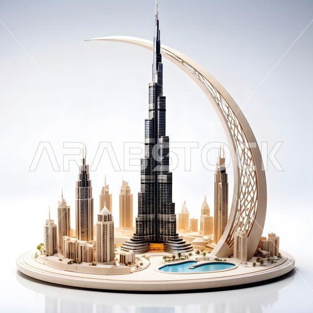 النمو والتقدم العمراني للأبراج وناطحات السحاب المحيطة ببرج خليفة، الفن الهندسي على الطراز الحديث للمنشآت التجارية والسكنية، معالم سياحية مشهورة في الإمارات العربية المتحدة، الواجهه البحرية لإمارة دبي، خلفية بيضاء
