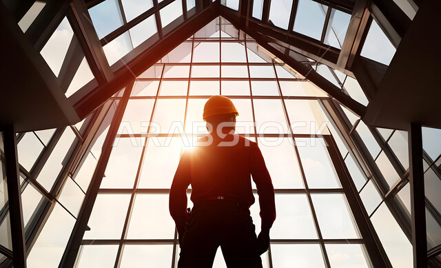 نمو وتقدم القطاع الهندسي، تطور الهندسة الإنشائية في السعودية, متابعة سير المشاريع والإشراف عليها، صورة ظلية لمهندس عربي خليجي سعودي يرتدي خوذة الحماية يقوم بإدارة المشروع من موقع العمل, مهن ووظائف في المملكة، سيلوليت