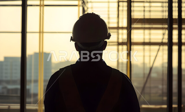 Growth and progress of the engineering sector, development of construction engineering in Saudi Arabia, monitoring and supervising the progress of projects, silhouette of a Saudi Arabian Gulf engineer wearing a protective helmet managing the project from the work site, professions and jobs in the Kingdom, cellulite