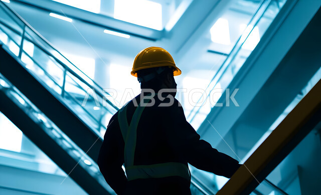 نمو وتقدم القطاع الهندسي، تطور الهندسة الإنشائية في السعودية, متابعة سير المشاريع والإشراف عليها، صورة ظلية لمهندس عربي خليجي سعودي يرتدي خوذة الحماية يقوم بإدارة المشروع من موقع العمل, مهن ووظائف في المملكة، سيلوليت