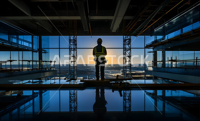 Supervising and following up on projects, growth and progress of the engineering sector, development of construction engineering in Saudi Arabia, Back view of a Saudi Arabian Gulf engineer wearing a safety helmet managing a project from the work site, Jobs and careers in the Kingdom, Full body image