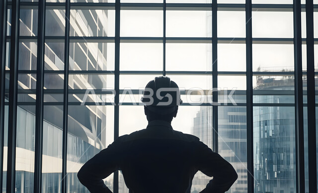 Supervising and following up on projects, growth and progress of the engineering sector, development of construction engineering in Saudi Arabia, silhouette of a Saudi Arabian Gulf engineer wearing a safety helmet managing the project from the work site, professions and jobs in the Kingdom, cellulite