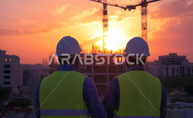 متابعة سير المشاريع والإشراف عليها، مراجعة مخططات الإعمار والتعديل عليها، صورة مقربة من الخلف لمهندسان عربيان خليجيان سعوديان يرتديان الخوذة وسترة الحماية يقومان بإدارة المشروع من موقع العمل وقت الغروب, تطور الهندسة الإنشائية في السعودية, مهن ووظائف في المملكة
