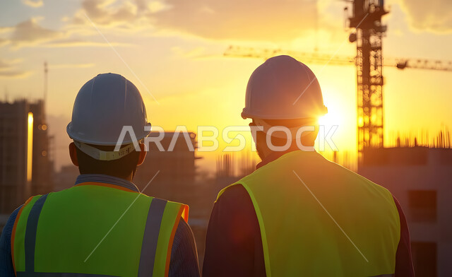 متابعة سير المشاريع والإشراف عليها، مراجعة مخططات الإعمار والتعديل عليها، صورة مقربة من الخلف لمهندسان عربيان خليجيان سعوديان يرتديان الخوذة وسترة الحماية يقومان بإدارة المشروع من موقع العمل وقت الغروب, تطور الهندسة الإنشائية في السعودية, مهن ووظائف في المملكة