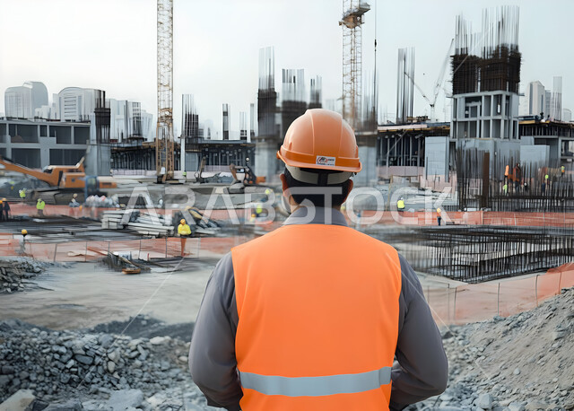 تطور الهندسة الإنشائية في السعودية, متابعة سير المشاريع والإشراف عليها، صورة مقربة من الخلف لمهندس عربي خليجي سعودي يرتدي الخوذة وسترة الحماية يقوم بإدارة المشروع من موقع العمل, مهن ووظائف في المملكة، نمو وتقدم القطاع الهندسي