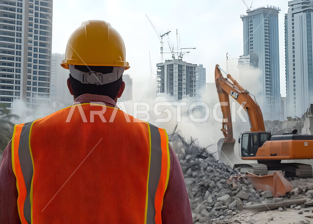 Development of construction engineering in Saudi Arabia, monitoring and supervising the progress of projects, close-up from the back of a Saudi Arabian Gulf engineer wearing a helmet and a protective vest managing the project from the work site, professions and jobs in the Kingdom, growth and progress of the engineering sector