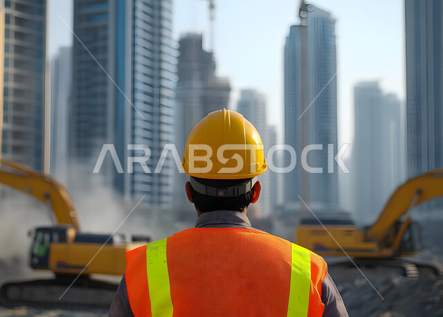 تطور الهندسة الإنشائية في السعودية, متابعة سير المشاريع والإشراف عليها، صورة مقربة من الخلف لمهندس عربي خليجي سعودي يرتدي الخوذة وسترة الحماية يقوم بإدارة المشروع من موقع العمل, مهن ووظائف في المملكة، نمو وتقدم القطاع الهندسي