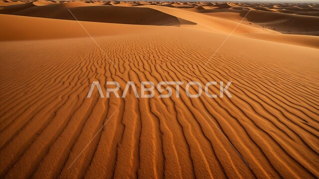 Sand formations and formations in deserts, harsh and dry weather in arid lands, landscape and soft golden sand in desert during the day, soft golden dunes and natural terrain in Saudi Arabia, nature background
