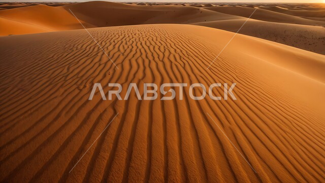  الكثبان الذهبية الناعمة والتضاريس الطبيعية في المملكة العربية السعودية، المناظر الطبيعية والرمال الذهبية الناعمة في الصحراء في النهار، التكوينات والتشكلات الرملية في الصحاري، الجو القاسي والجاف في الأراضي القاحلة، خلفية الطبيعة