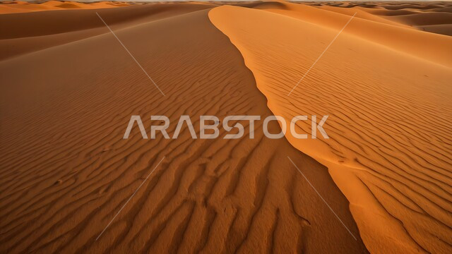  الكثبان الذهبية الناعمة والتضاريس الطبيعية في المملكة العربية السعودية، المناظر الطبيعية والرمال الذهبية الناعمة في الصحراء في النهار، التكوينات والتشكلات الرملية في الصحاري، الجو القاسي والجاف في الأراضي القاحلة، خلفية الطبيعة