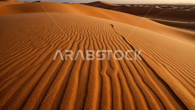 المناظر الطبيعية والرمال الذهبية الناعمة في الصحراء في النهار، الكثبان الذهبية الناعمة والتضاريس الطبيعية في المملكة العربية السعودية، التكوينات والتشكلات الرملية في الصحاري، الجو القاسي والجاف في الأراضي القاحلة، خلفية الطبيعة