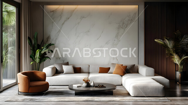 Elegant designs for comfortable living rooms in modern style, large glass facades and windows, living room with luxury home furniture, high-end interior decorations, villas and residential apartments in Saudi Arabia