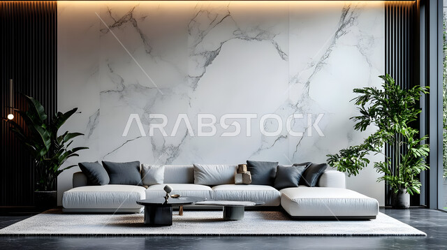 Elegant designs for comfortable living rooms in modern style, large glass facades and windows, living room with luxury home furniture, high-end interior decorations, villas and residential apartments in Saudi Arabia