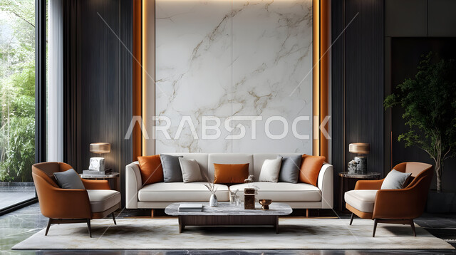 التصاميم الأنيقة لغرف الجلوس المريحة على الطراز الحديث, الواجهات و النوافذ الزجاجية الكبيرة, غرفة معيشة مع أثاث منزلي فاخر, الديكورات الداخلية الراقية, فلل و شقق سكنية في المملكة العربية السعودية