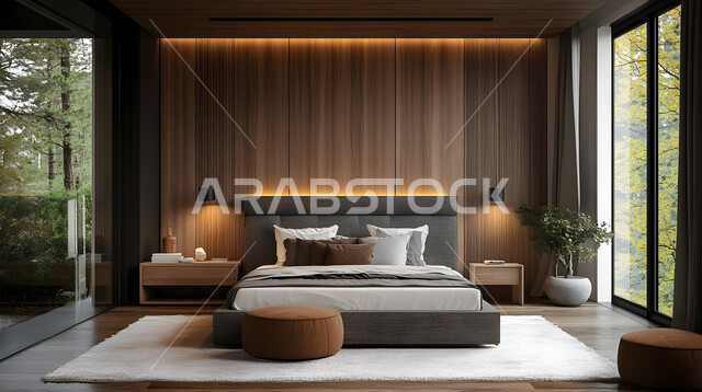 استخدام الطراز الفني الأنيق في الأثاث المنزلي، الديكورات العصرية لغرف النوم، تصاميم داخلية متميزة للفلل والشقق السكنية في المملكة العربية السعودية، سرير مريح بألوان هادئة، اكسسوارات منزلية داخلية راقية