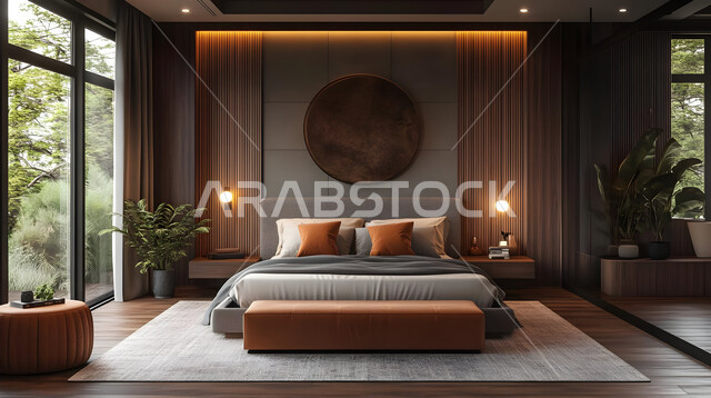 استخدام الطراز الفني الأنيق في الأثاث المنزلي، الديكورات العصرية لغرف النوم، تصاميم داخلية متميزة للفلل والشقق السكنية في المملكة العربية السعودية، سرير مريح بألوان هادئة، اكسسوارات منزلية داخلية راقية