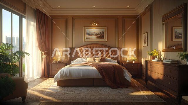 استخدام الطراز الفني الأنيق في الأثاث المنزلي، الديكورات العصرية لغرف النوم، تصاميم داخلية متميزة للفلل والشقق السكنية في المملكة العربية السعودية، سرير مريح بألوان هادئة، اكسسوارات منزلية داخلية راقية