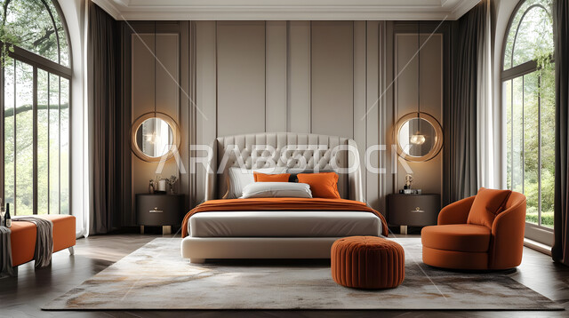 استخدام الطراز الفني الأنيق في الأثاث المنزلي، الديكورات العصرية لغرف النوم، تصاميم داخلية متميزة للفلل والشقق السكنية في المملكة العربية السعودية، سرير مريح بألوان هادئة، اكسسوارات منزلية داخلية راقية