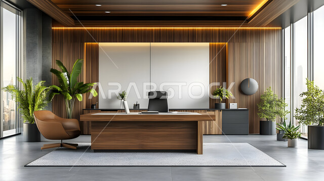 Modern designs for corporate offices in Saudi Arabia, luxurious modern decorations, a high-end modern style office with deco, elegant interior design, office equipment with comfortable office furniture