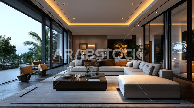  التصاميم الأنيقة لغرف الجلوس المريحة على الطراز الحديث، غرفة معيشة مع أثاث منزلي فاخر، الديكورات الداخلية الراقية للفلل والشقق السكنية في المملكة العربية السعودية، اكسسوارات وتحف عصرية