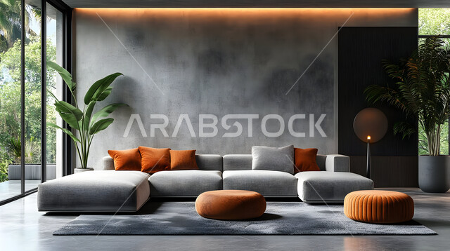  التصاميم الأنيقة لغرف الجلوس المريحة على الطراز الحديث، غرفة معيشة مع أثاث منزلي فاخر، الديكورات الداخلية الراقية للفلل والشقق السكنية في المملكة العربية السعودية، اكسسوارات وتحف عصرية