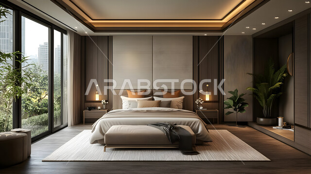 Comfortable bed in calm colors, using elegant artistic style in home furniture, modern bedroom decorations, distinctive interior designs for villas and residential apartments in the Kingdom of Saudi Arabia, high-end interior home accessories