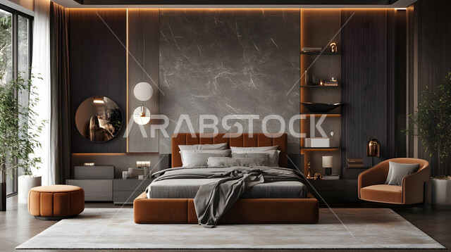 استخدام الطراز الفني الأنيق في الأثاث المنزلي، الديكورات العصرية لغرف النوم، تصاميم داخلية متميزة للفلل والشقق السكنية في المملكة العربية السعودية، سرير مريح بألوان هادئة، اكسسوارات منزلية داخلية راقية