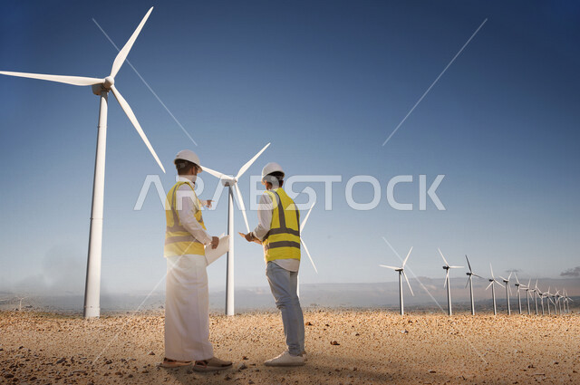 مهندسان كهربائيان عربيان خليجيان سعوديان يتناقشان في عمل الخلايا الشمسية في حقل لتوربينات الرياح ، انتاج الطاقة المتجددة الخضراء من طواحين الهواء
