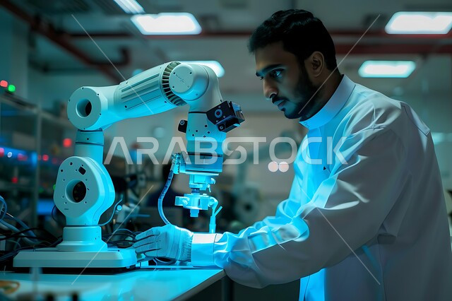 The concept of scientific research and development, the development of biotechnology in scientific laboratories in the Kingdom of Saudi Arabia, medicine and health care, a Saudi Arabian Gulf man wearing a medical coat conducting experiments and examinations on different samples, using advanced and precise examination devices