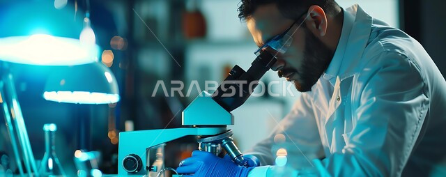 The concept of scientific research and development, the development of biotechnology in scientific laboratories in the Kingdom of Saudi Arabia, medicine and health care, a Saudi Arabian Gulf man wearing a medical coat conducting experiments and examinations on different samples, using advanced and precise examination devices